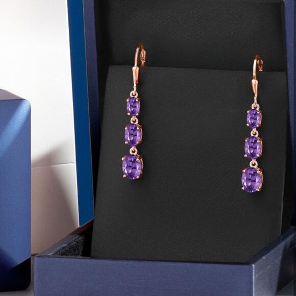 18K Rose Gold with 4.70 Cttw 3 Stone Amethyst Dangling Leverback Drop Earrings - Picture 4 of 5